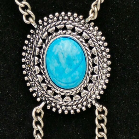 American Eagle Silver Tone Necklace w/ Tassels Faux Turquoise Pendant Jewelry - Picture 4 of 6